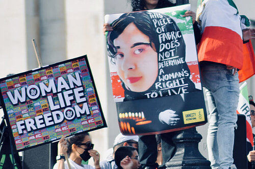 Protesters in London supporting women's rights in Iran.