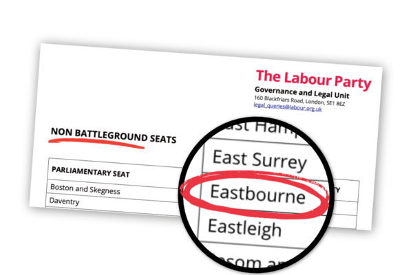 A document from Labour Party HQ showing 'non battleground seats'. Eastbourne is on the list.